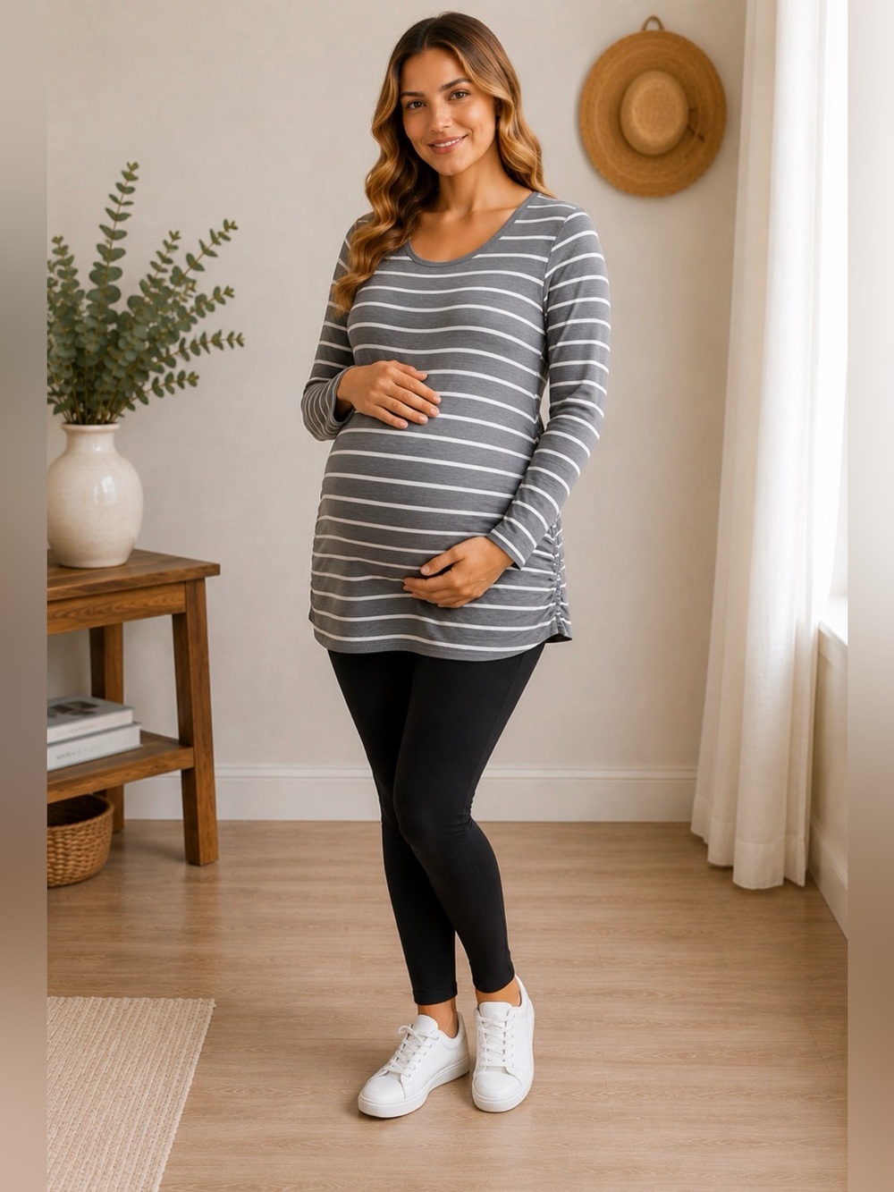 BumpStart Gray Stripe Maternity Top Medium Long Sleeve Stretch Tee Shirt